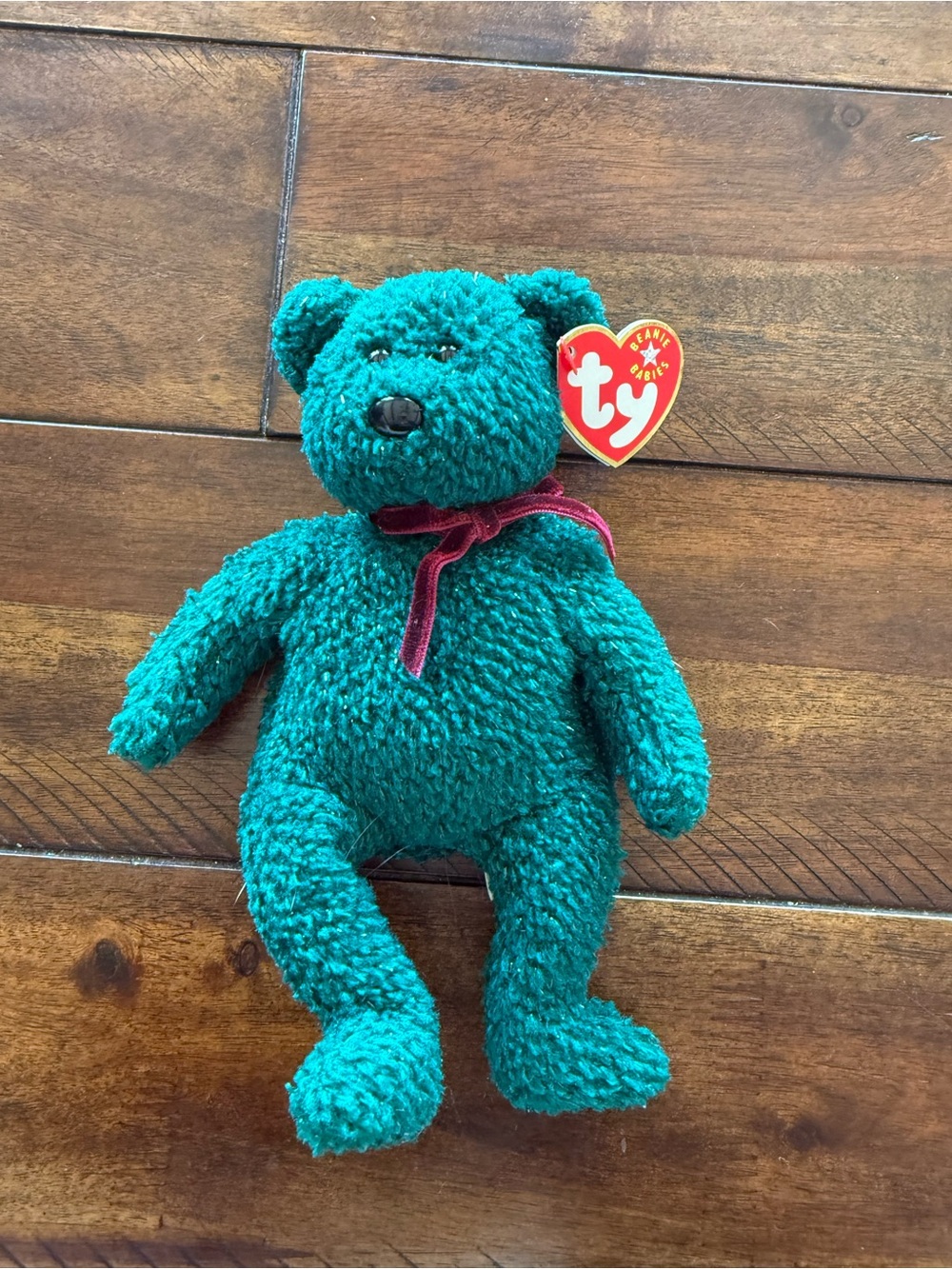 Ty Teal Plush Bear with Burgundy Ribbon